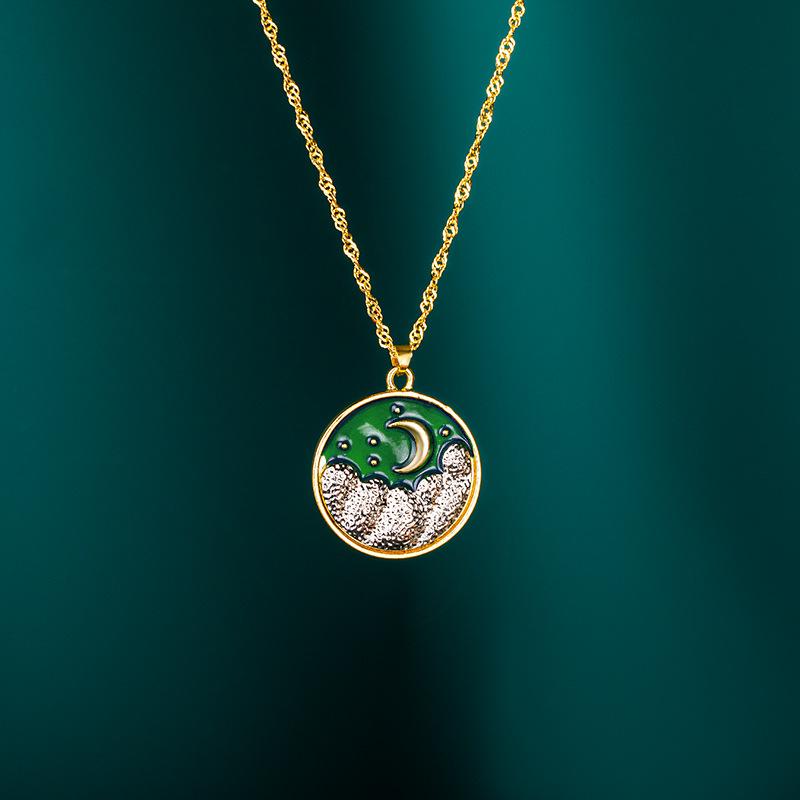 

Ретро Эмалевое Ожерелье Солнце и Луна - Женская Геометрическая Круглая Подвеска