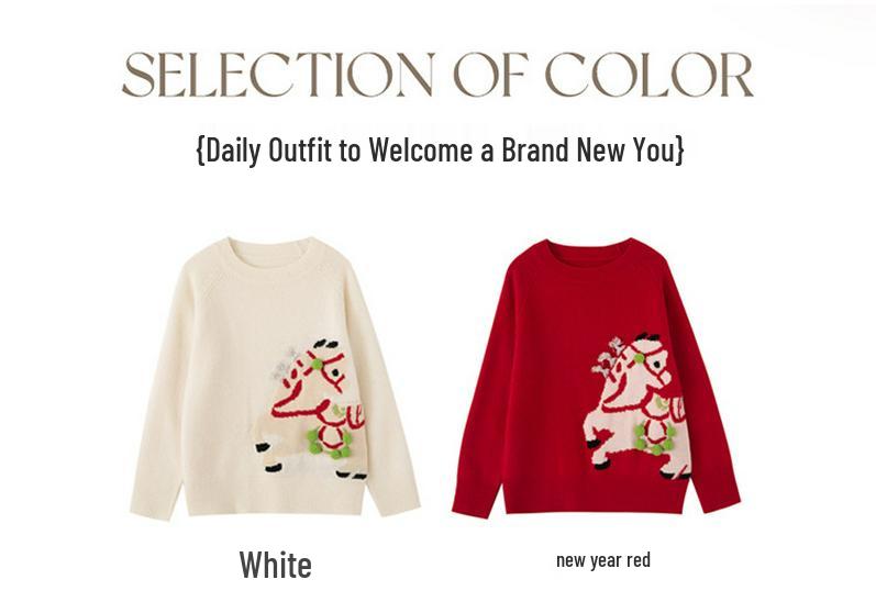 Women's Pure Wool Round Neck Knit Sweater with Handmade Embroidery - Autumn/Winter Loose Fit Cashmere Top