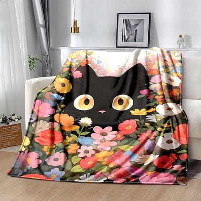 1pc Flowery Black Cat Themed Blanket Seasonal Home Decorative, Living Room, Travel, Camping, Car Blankets