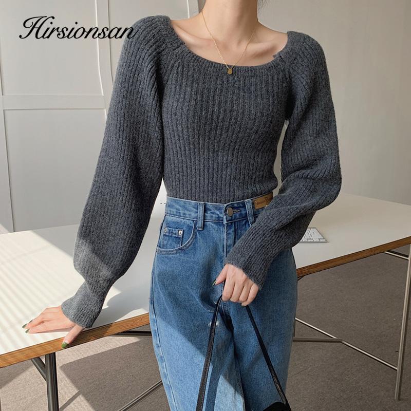 

Hirsionsan винтажный вязаный пуловер с рукавами-фонариками женский зимний повседневный однотонный свитер с квадратным вырезом женский корейский нежный базовый теплый джемпер