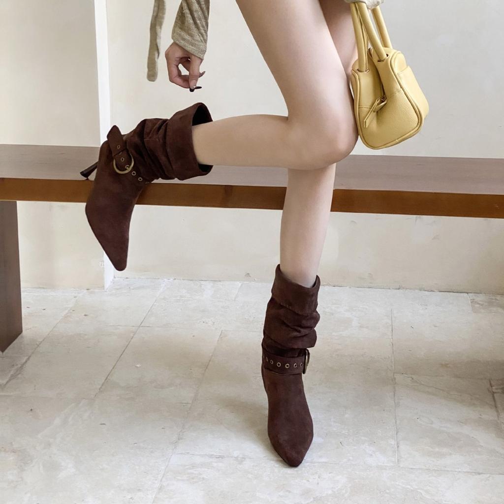 2025 Autumn and Winter New European and American Pointed Head Thin Heel High Heel Temperament French Fashion Suede Belt Buckle Short Boots