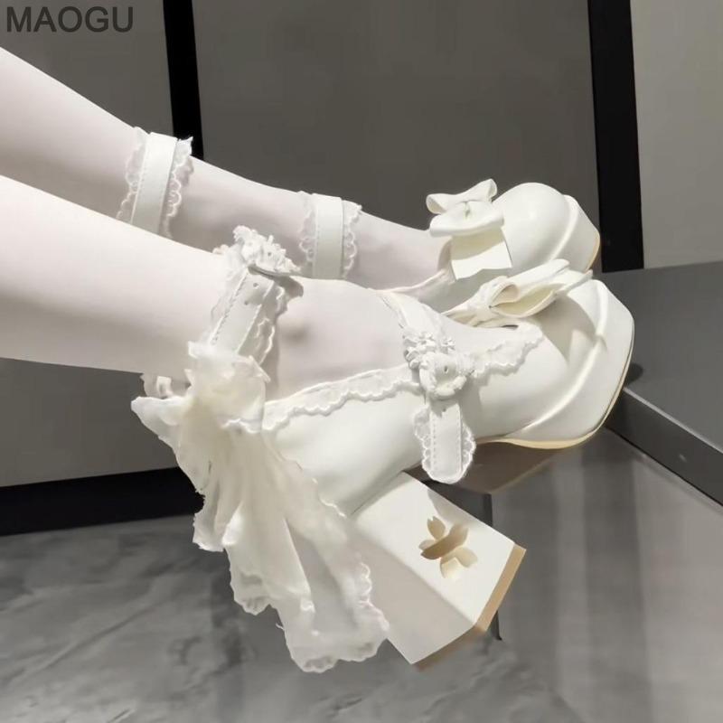 Schöne Mädchen Rosa Lolita Schmetterlingsknoten High Heels Plateau-Schuhe für Damen Süßes Sakura Kleid Mary Janes Beige Größe 34-42
