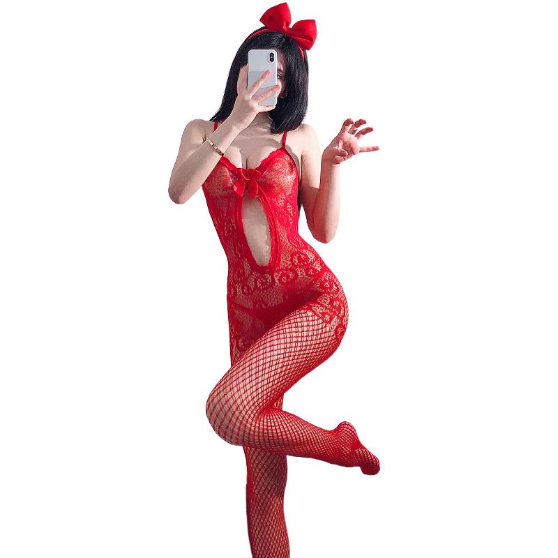 Sexy Plush Christmas Suspender Bodystocking with Open Crotch