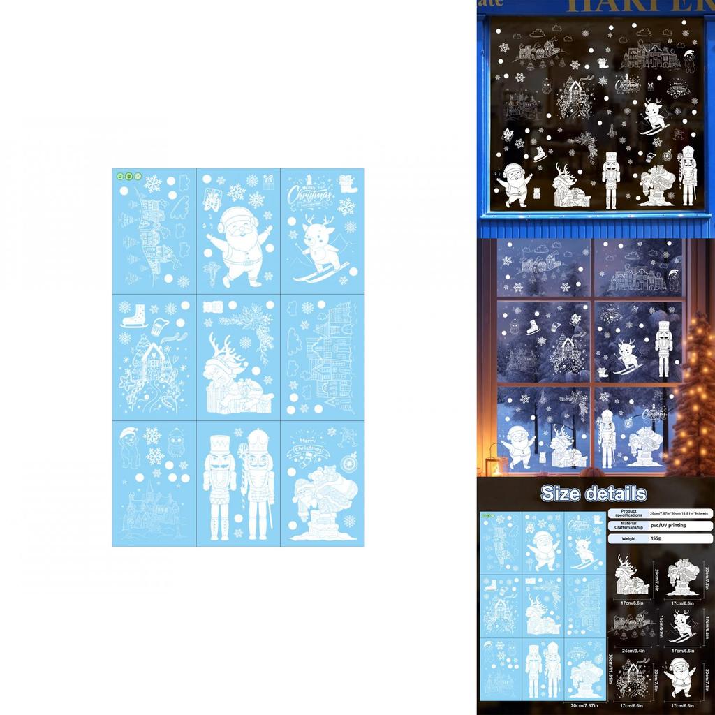 Christmas Snowflake Static Cling Glass Decal With Santa And Snowman For Window Decoration