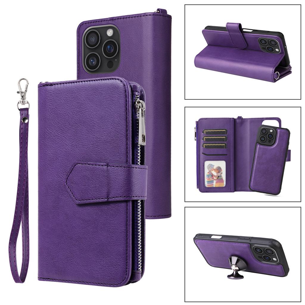 For iPhone 16 Pro Max Magnetic Leather Case Mobile Cover with Detachable Zipper Wallet Strap