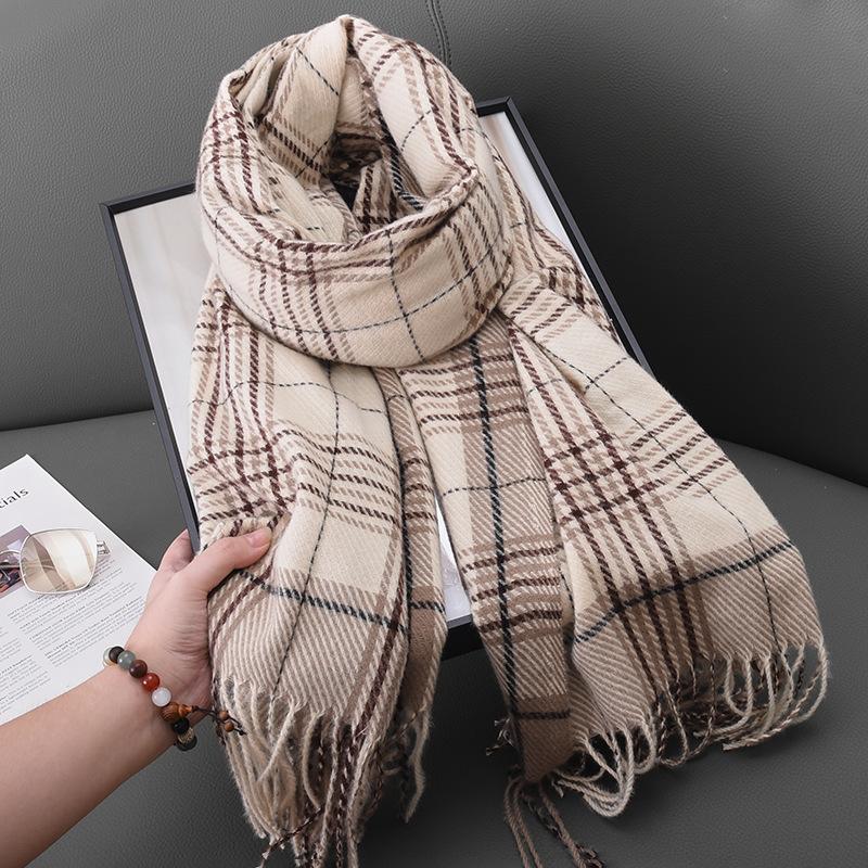Höst Och Vinter Studentmode Randig Ram Rutig Halsduk Japansk Och Koreansk Dam Kasmir Fransad Varm Sjal Halsduk