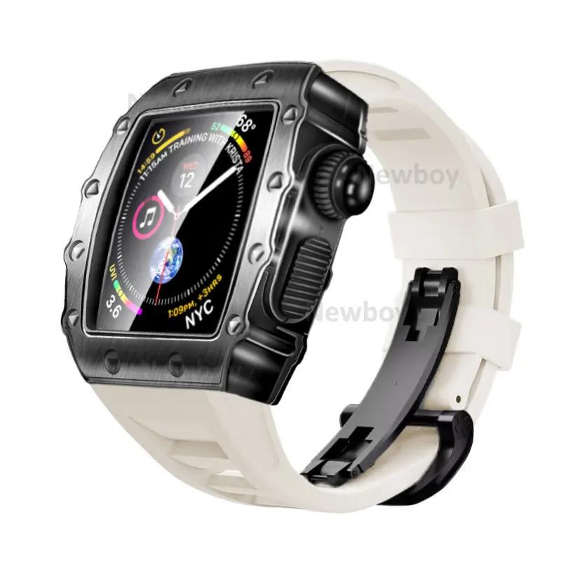 Men Case Strap for Apple Watch Series 8 7 41mm 45mm Rubber Sport Band for iWatch 6 5 4 SE 40 44mm Luxury Metal Modification Kit