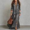 Women Denim Print Mesh Maxi Dress Casual V Neck Long Sleeve Tiered Ruffle Beach Vacation Dress