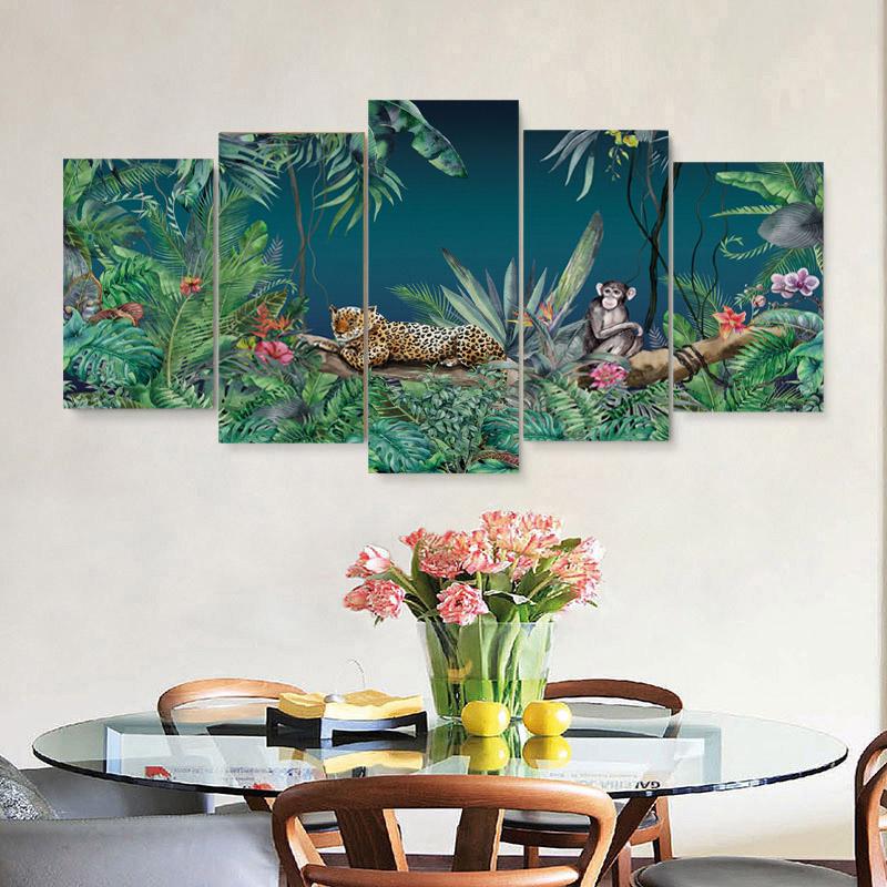 5Panels Tropical Jungle Plant and Animal Landscape Canvas Painting Posters and Prints Wall Art Home Decor for Kids Room No Frame