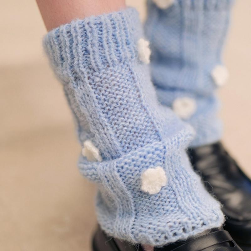 Damen Japanischer Stil JK Häkelstrick Kurze Beinwärmer Socken Einfarbige Süße 3D Florale Lockere Beinabdeckungen Stiefelmanschetten