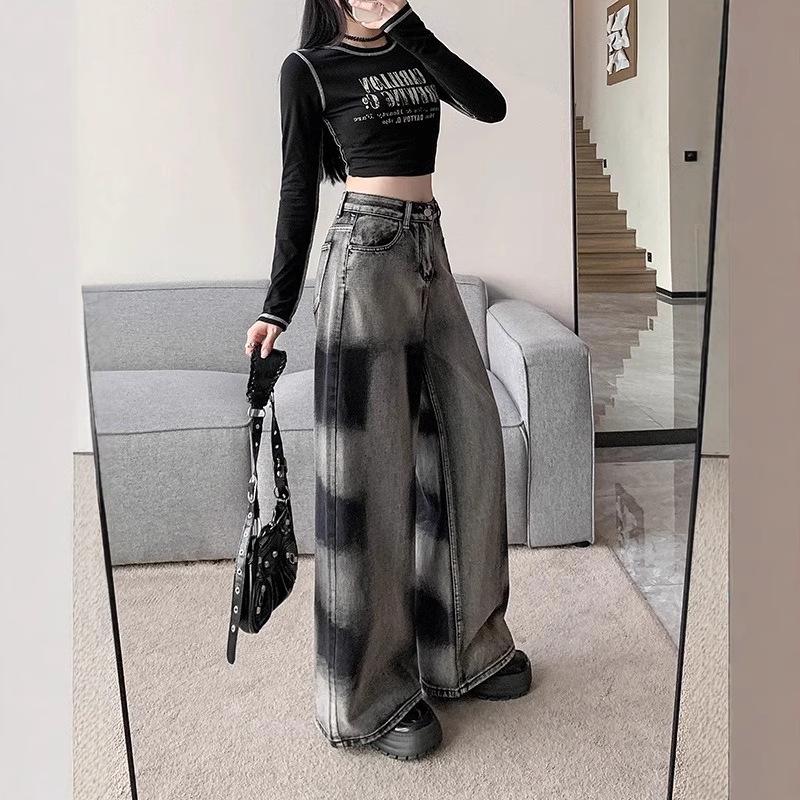 Women's American Retro Gradient Tie-Dye High Waist Wide-Leg Jeans - Early Autumn Design
