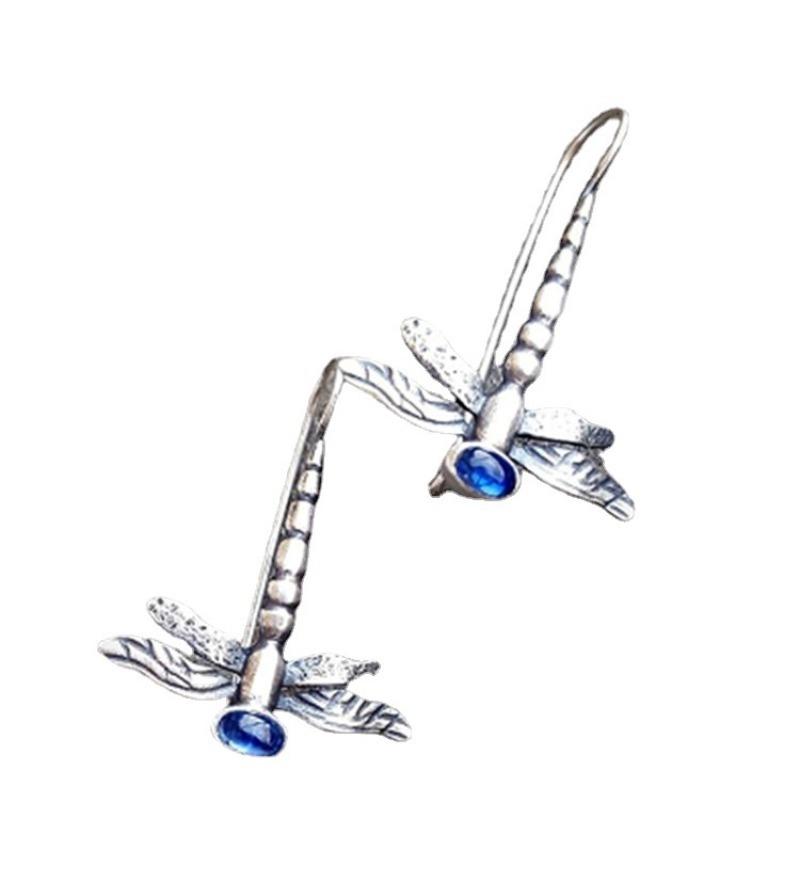 Retro Silver Color Women's Dragonfly Earrings Inlaid with Blue Stones Dangle Earrings for Women Party Engagement Fashion Jewelry