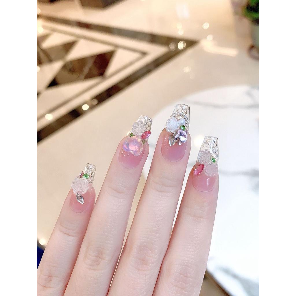 Trendy Ice Transparent Style Long Wearable Rose Nail Stickers For Ladies