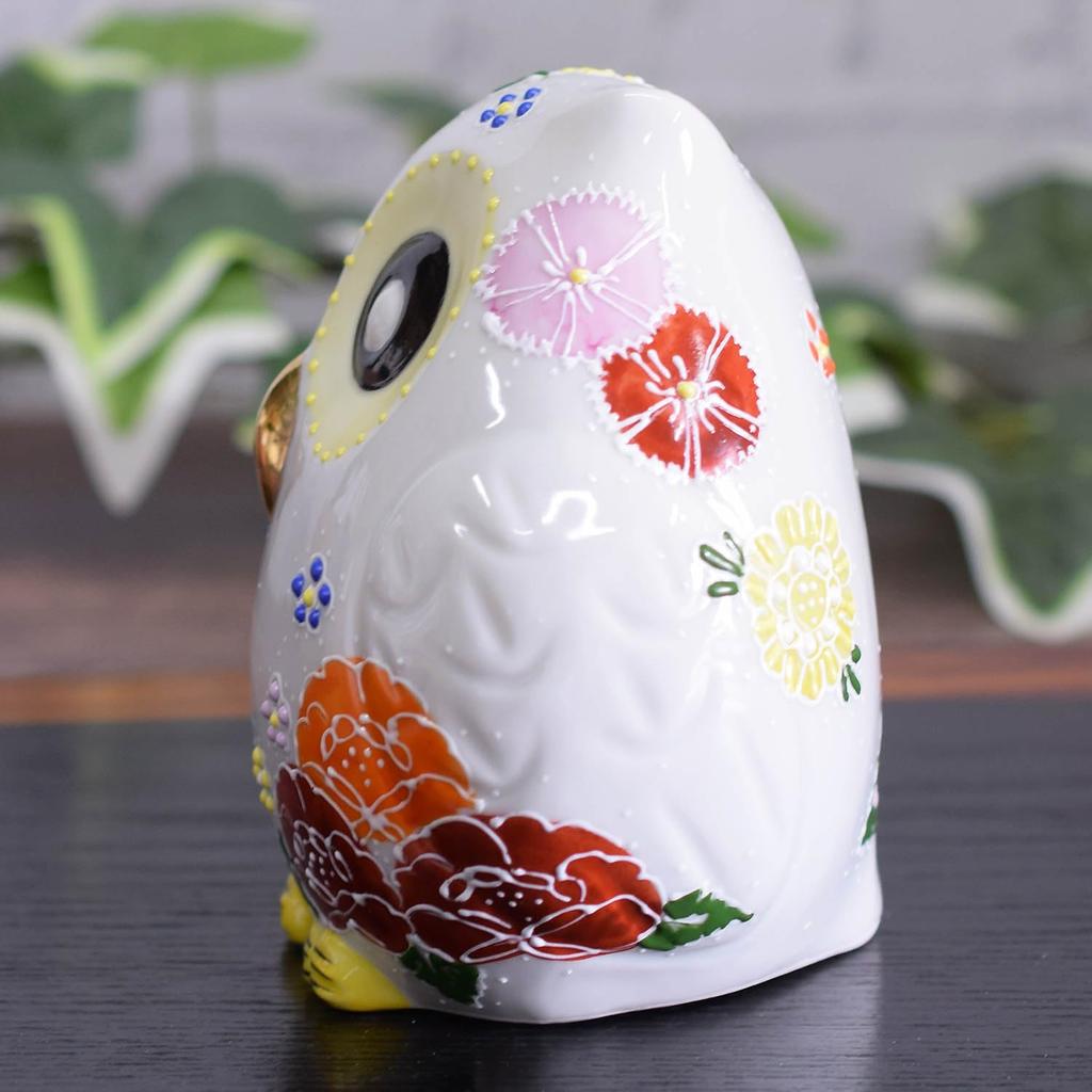 Waza no Kura Stylish Owl Figurine, Kutani Ware, Owl in Floral Design, Ceramic, Lucky Charm, High-End Brand, Interior Decor, Object, Perfect for 60th,