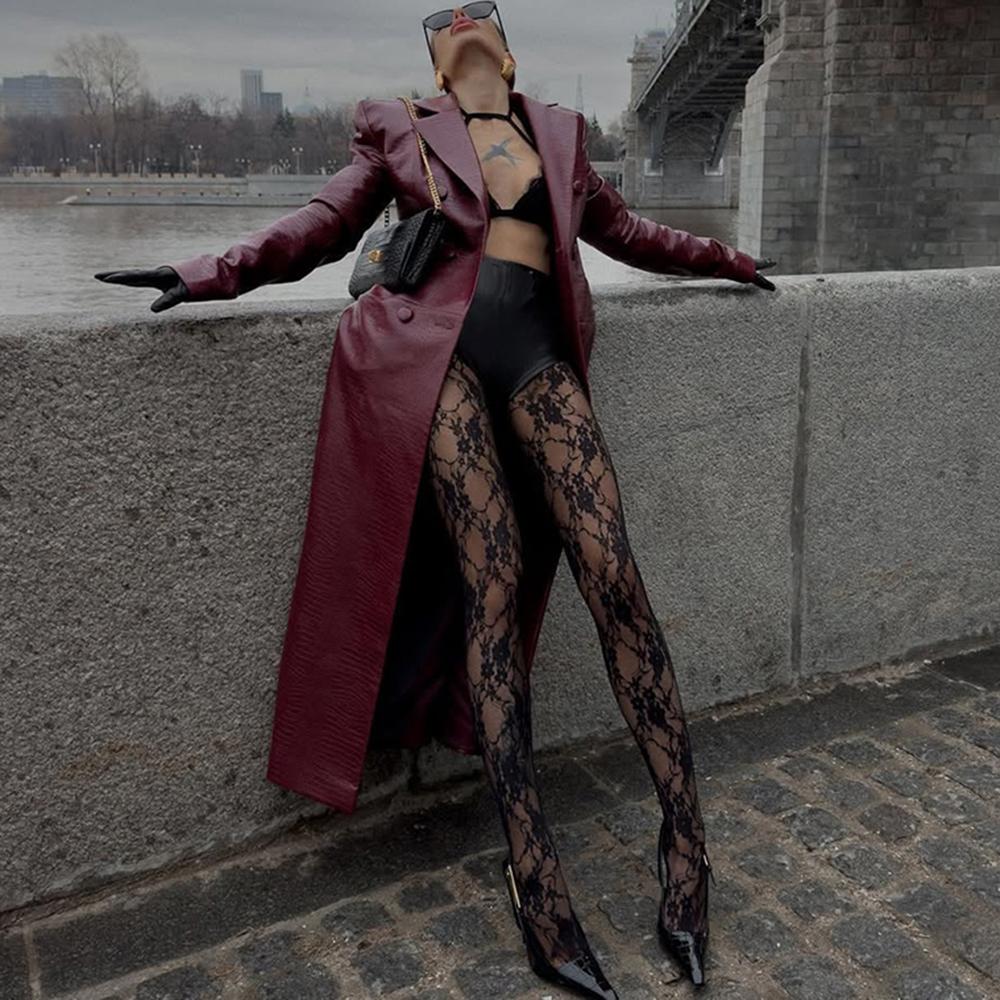 Talenza Damen Schwarze Strumpfhosen Mode Sexy Schnürung Vintage Jacquard Strümpfe Y2K Party Neu Enganliegend Frühling Herbst Strumpfhosen