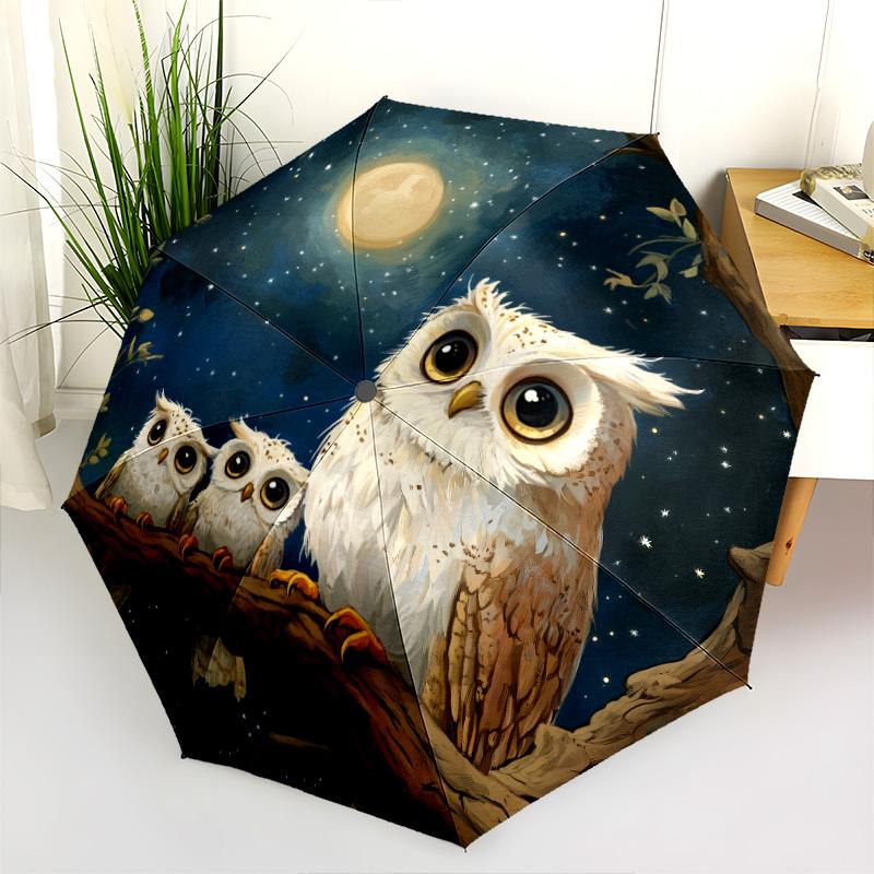 Owl  Pattern, Automatic Folding Umbrella, Portable and Foldable Design, 8 Ribs, a Christmas or Birthday Gift.