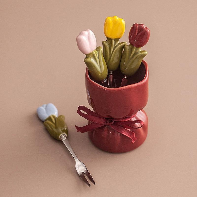 Creative and Cute Flowers Tulip Stainless Steel Fruit Fork Cutlery Fork Cartoon Bouquet Storage Set Food Decoration