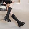 Mode 10CM Mikrofaser Synthetikleder Kniehoch Herbst Motorradstiefel Plateau Keil Damen Schnalle Punk Style Stiefel Frühjahr Schuhe