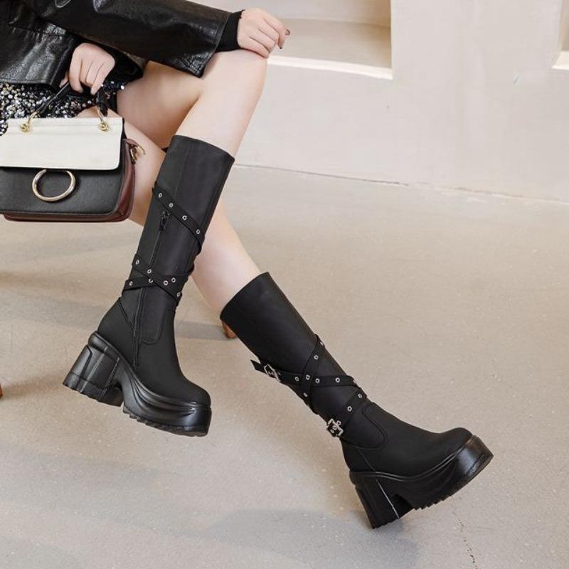 Mode 10CM Mikrofaser Synthetikleder Kniehoch Herbst Motorradstiefel Plateau Keil Damen Schnalle Punk Style Stiefel Frühjahr Schuhe