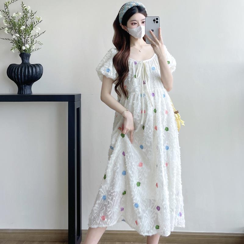 2026 Summer Spicy Mom Embroidered Floral Long Sleeve Maternity Dress Large