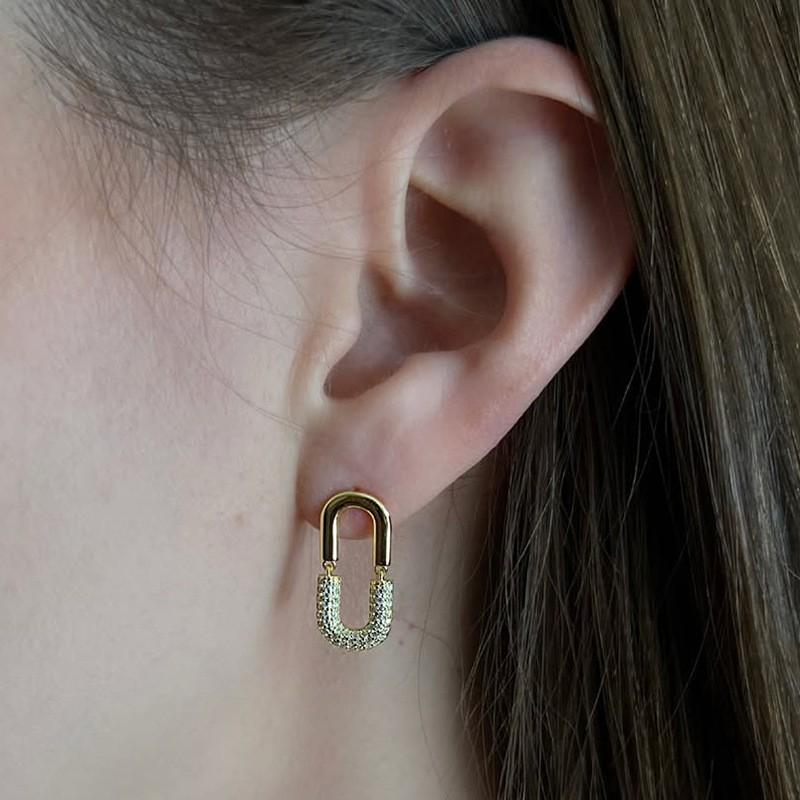 U-Shaped Stud Earrings With Full Crystal Pave Oval Design Sterling Gold Plated Minimalist Chic Women