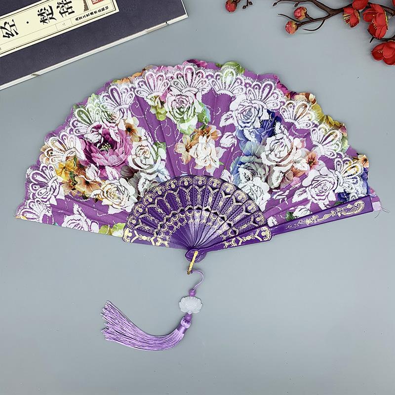 1PC Silk Fan Decoration Fans Floral Pattern Dance Tassel Vintage Folding Fan Hand Fan