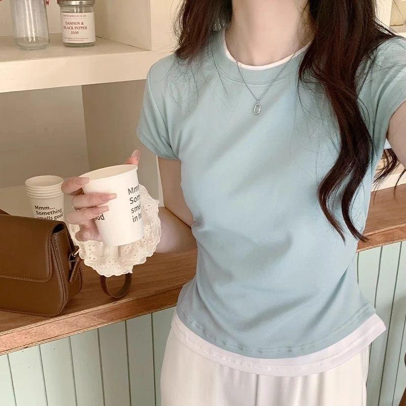 

Шикарная футболка с коротким рукавом, имитирующая двойку, женская летняя корейская версия, облегающая и тонкая, короткий базовый топ-рубашка S синий