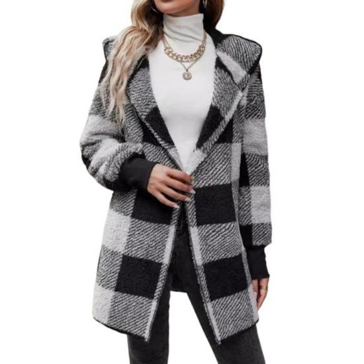 Open Front Hooded Sweater Coat Women Loose Fit Mid Length Plaid Print Knitting Long Sleeve Knitwear