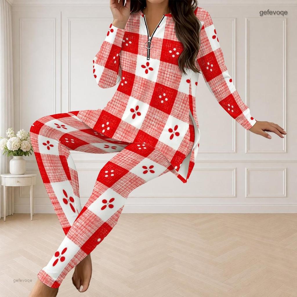 Women Plus Size Beige Brown Printed Half Zip Long Sleeve Longline Top And Fitted Pants Two Piece Set