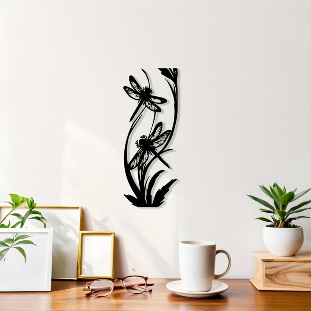 1pc 2D Flat Black Metal Wall Art Dragonfly on Flower Stem Durable Iron Sign Outdoor Indoor Garden Decor Living Room Patio Spring