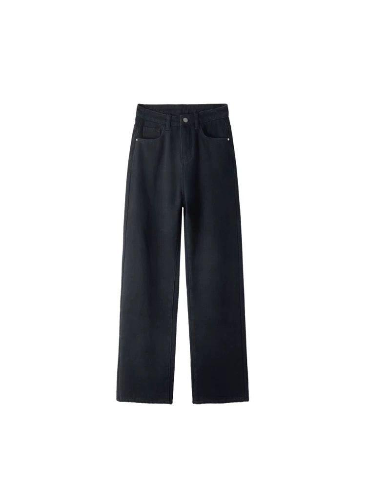 Plus Size Women's Black Fleece-Lined Denim Pants - High-Waisted, Loose, Slimming Straight Leg for Autumn/Winter