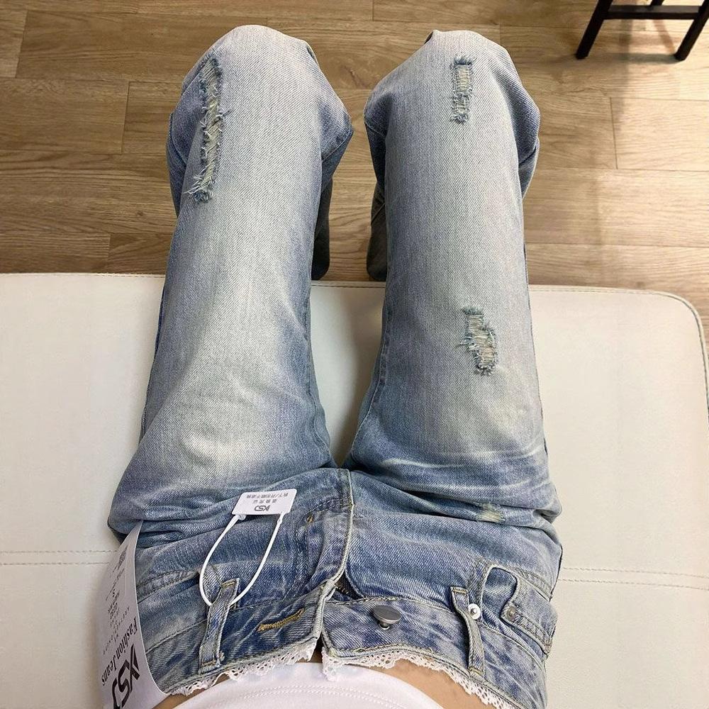 Sweet and Spicy Wind Broken Holes Micro-flare Jeans Women's Slim Large Yards High-waisted Skinny Horseshoe Trousers Jeans for Women Long Denim Pants