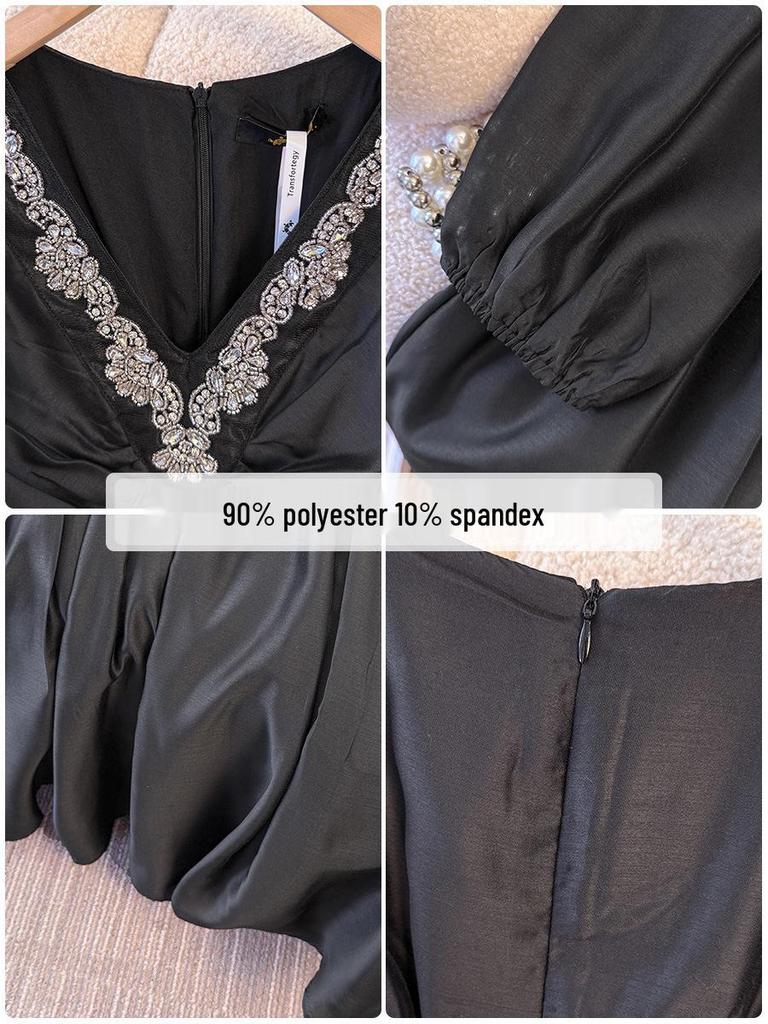 High-End Plus Size Women's V-Neck Rhinestone Dress (130-300 lb) - Elegant French Style