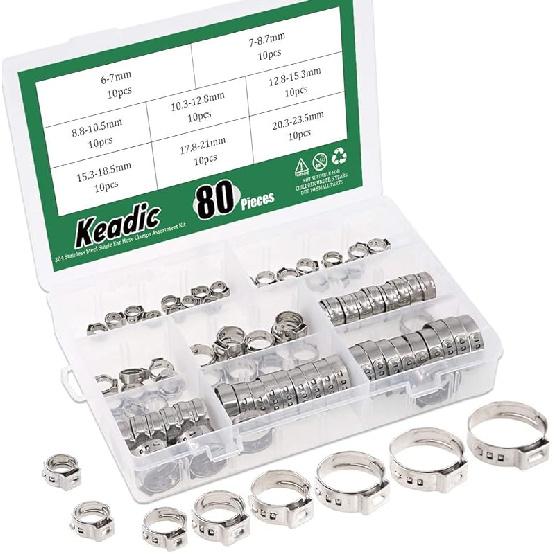 Keadic 80Pcs Single Ear Hose Clamps,1/4"-15/16" Stepless Ear Clamps with Ear Clamp Pincer 304 Stainless Steel Ear Clamps Cinch Clamp Rings Crimp Hose