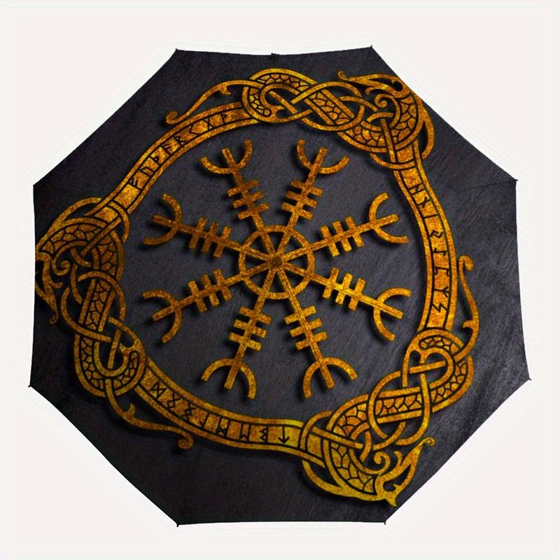 Wikinger Vegvisir Kompass Nordisches Symbol Gold Aufkleber Auto Fenster Laptop WanddekoRegenschirm, Tragbarer 3-Fach-Regenschirm für Männer & Frauen, Weihnachtsgeschenk ES314
