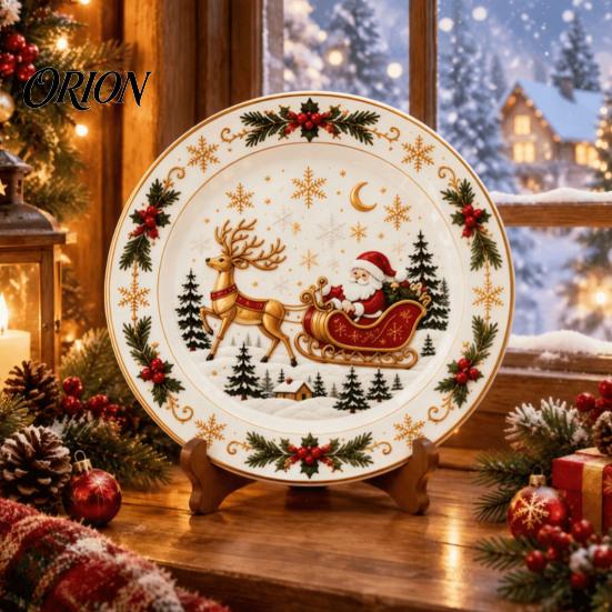 Round Plate Decor Wooden Christmas Plate, Santa Snowman Stocking Tree Bell Sleigh Dish Xmas Party Supplies Decor, Tabletop Ornament for Home