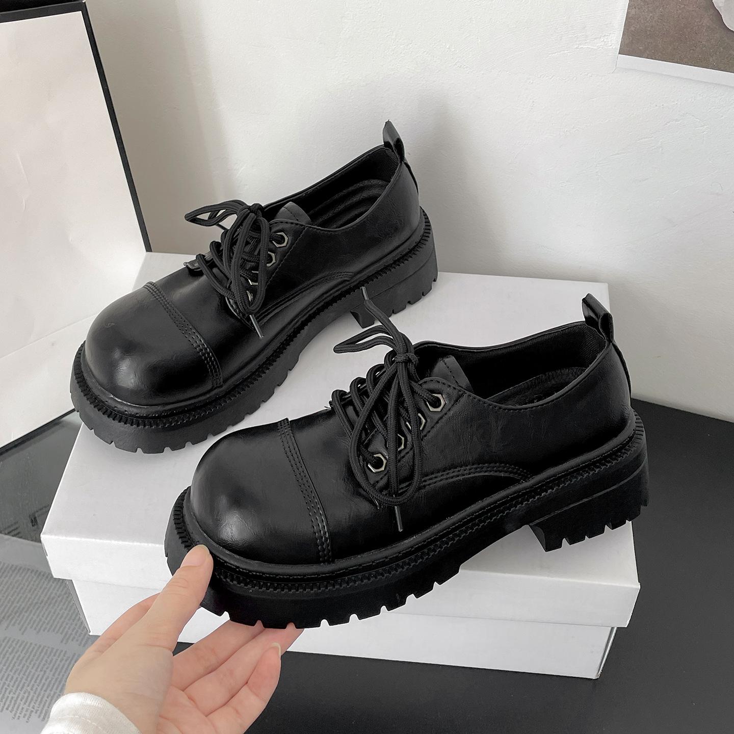 

Black British versatile thick heel platform small leather shoes women s 2025 new autumn small height French single shoes 35 чёрный