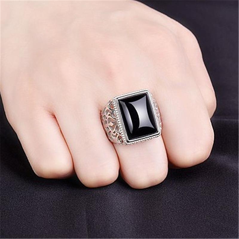 Baum des Lebens Hohl Quadrat Schwarz Zirkon Achat Herren Ring Offen Retro Obsidian Chalcedon Herren Ring Ring