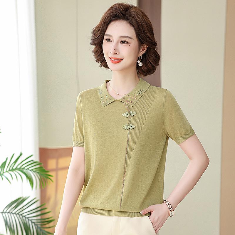 

Stylish Chinese-Inspired Knitted Summer T-Shirt for Fashionable Moms - Short Sleeve, Age-Defying Design for Middle-Aged and Elderly Women XL (100-110 lbs)