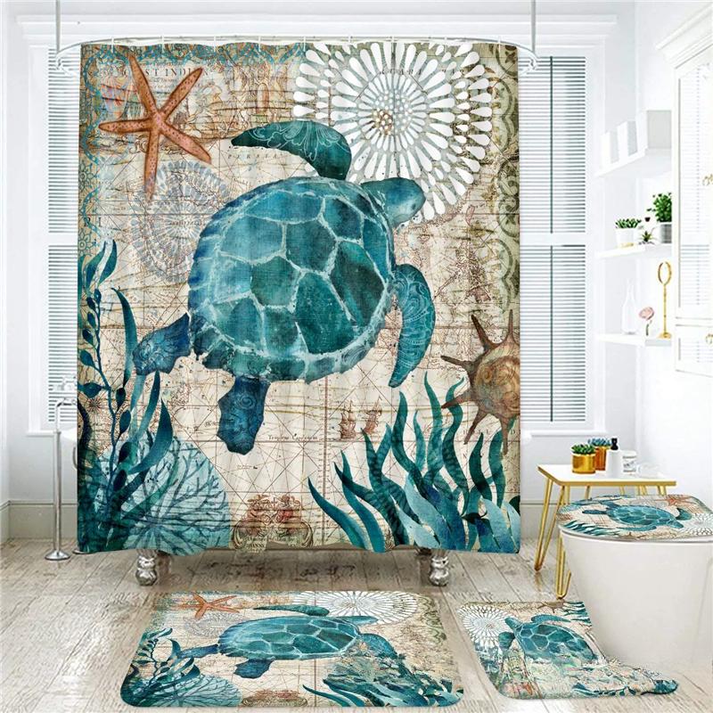 18 Colors 4Piece Marine Style Dolphin Waterproof Shower Curtain Set Anti-slip Mat Base Carpet Toilet Cover Pad Bathroom Kit