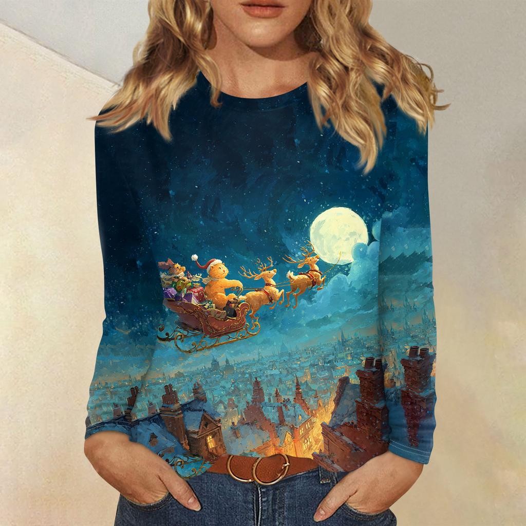 Langermede skjorter for kvinner Søt trykk grafisk t-skjorte Bluser Uformell Pluss størrelse Basic Topper Pullover