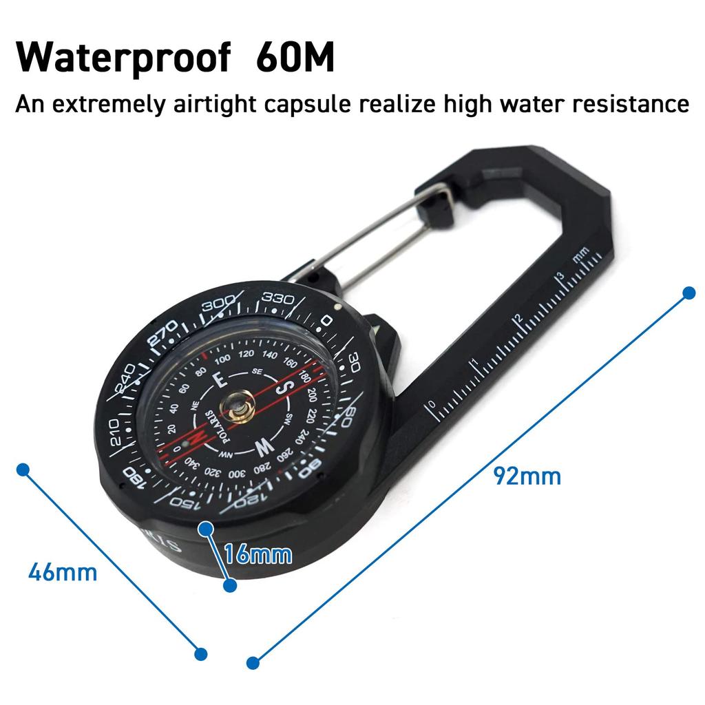 Polaris Tough 60M with Rotating Backpacking Accessory Clip-On Compass, Waterproof, Bezel, Waterproof, Outdoor, Hiking, Survival, Backpacking,
