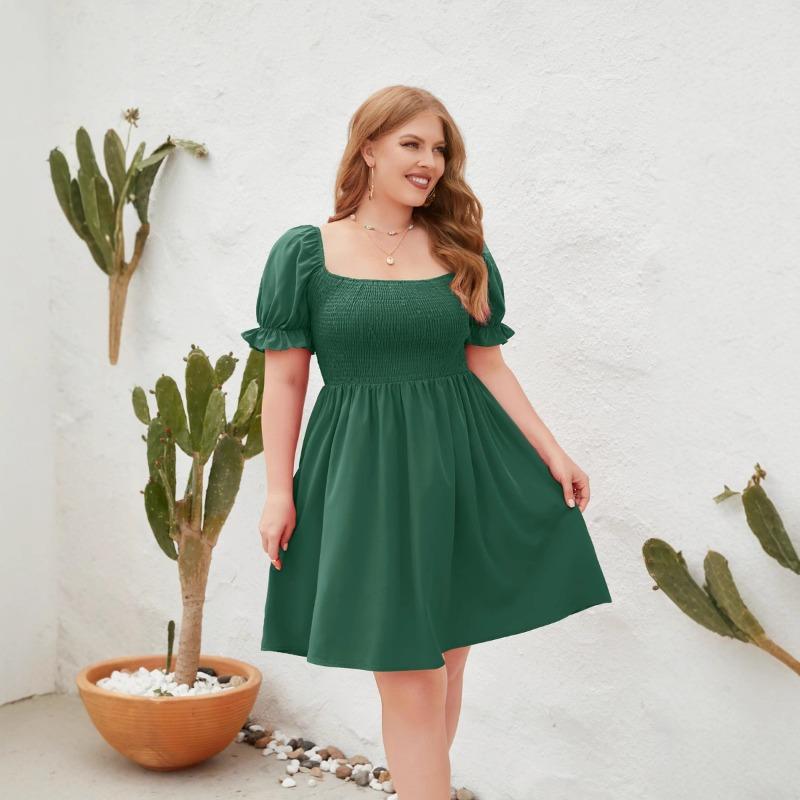 Plus Size Women's Plus Size Solid Color Casual Vacation Travel Square Neck Bubble Sleeve Dresses