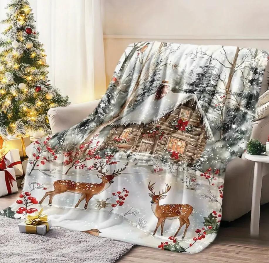 Soft Flannel Cozy Christmas Deer & Tree Throw Blanket  Warm for Naps Camping Travel and Home Decor - Perfect Holiday Gift
