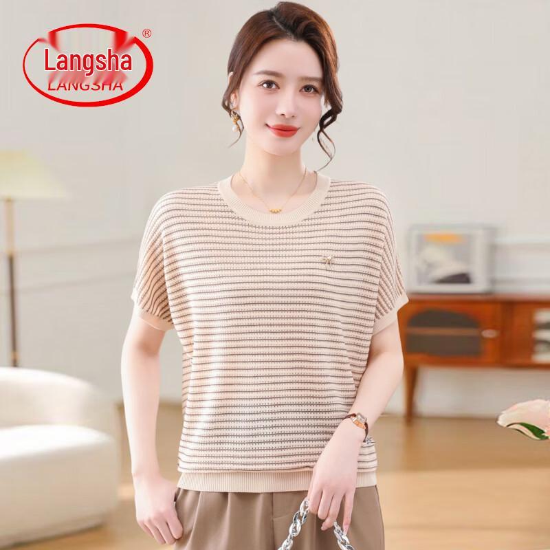 LangSha Women s Striped Ice Silk Short Sleeve T-Shirt L