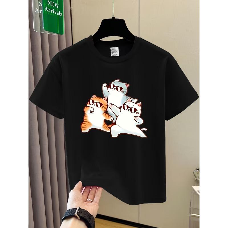 European sizes Boys' Retro Cartoon Cat Print T-Shirt - Black And White Cat Pattern, Slightly Elastic Summer Casual Crew Neck Top