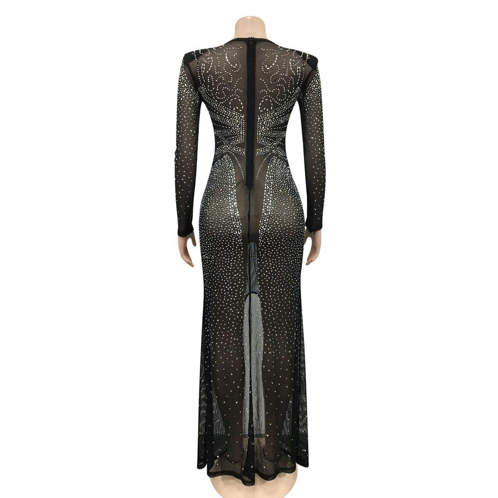 European & American Fashion Women's See-through Mesh Long Sleeve Slit Dress with Hot Drilling Details.