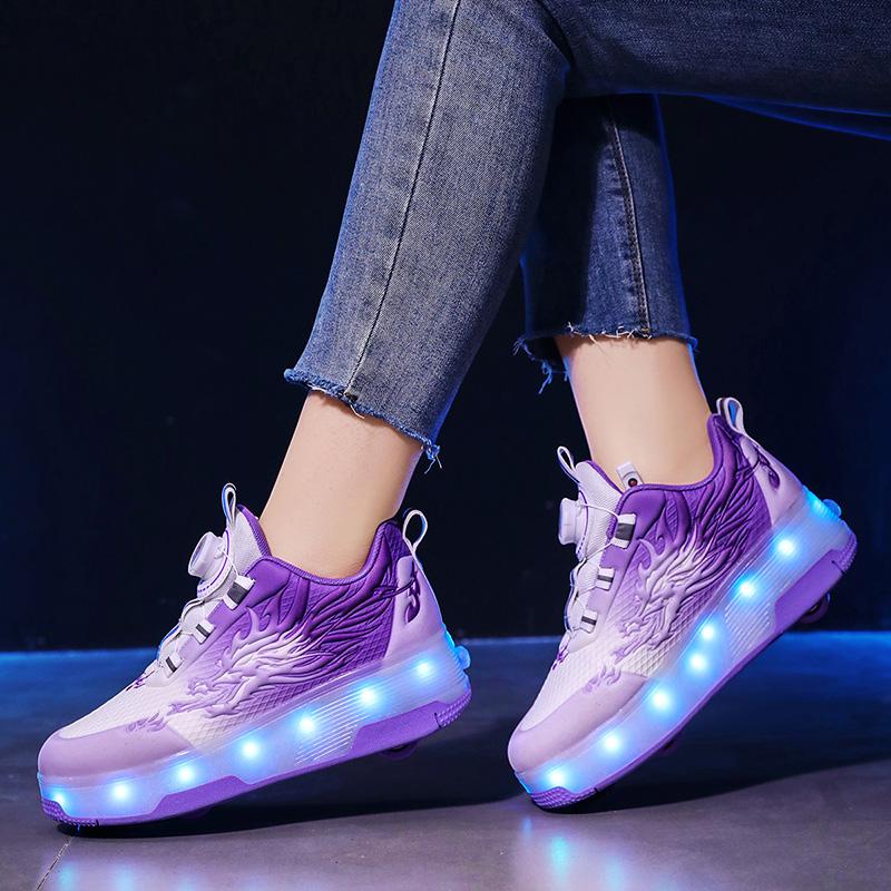 Children's Roller Skates Removable Flat Charging LED Four Wheels Glowing Sports Shoes Pink Women's Glowing Sneakers