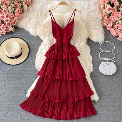 Summer Women Draped Ruffle Spaghetti Strap Dress Vacation Beach Vestidos Female Elegant High Waist Slim Midi Robe