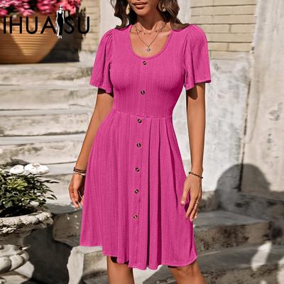 Summer Solid Color Print Women's Dress U-Neck Button Elastic Casual Temperament Short-sleeved Loose Dress